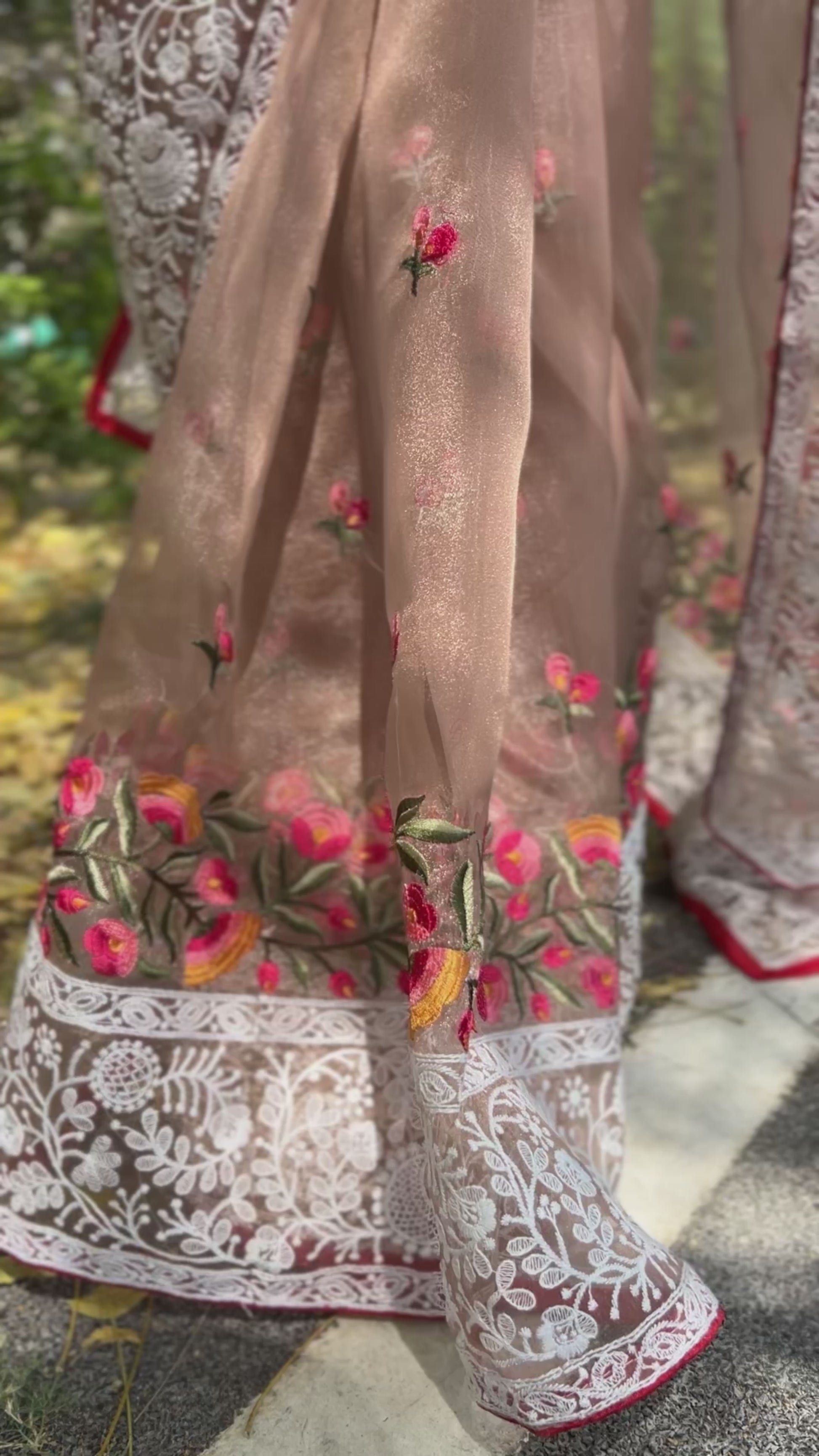 Light Orange Lucknowi Chikankari Organza Silk Saree