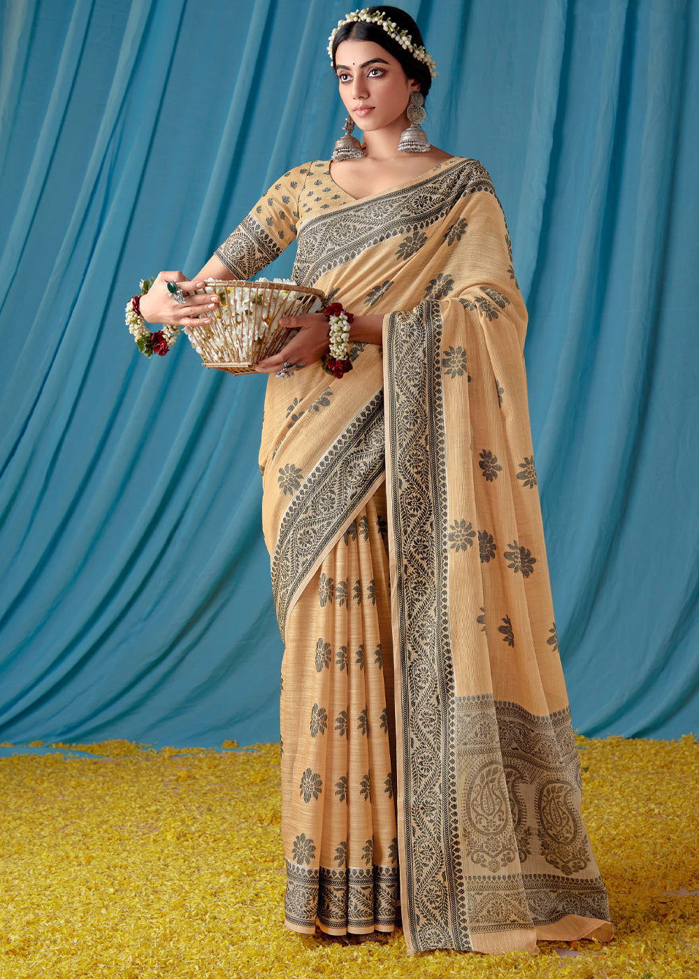 Almond Cream Woven Banarasi Linen Silk Saree