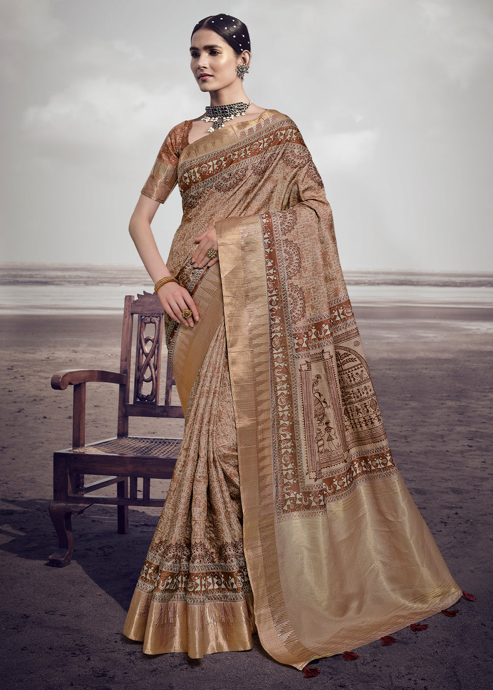 Leather Brown Printed Designer Silk Saree