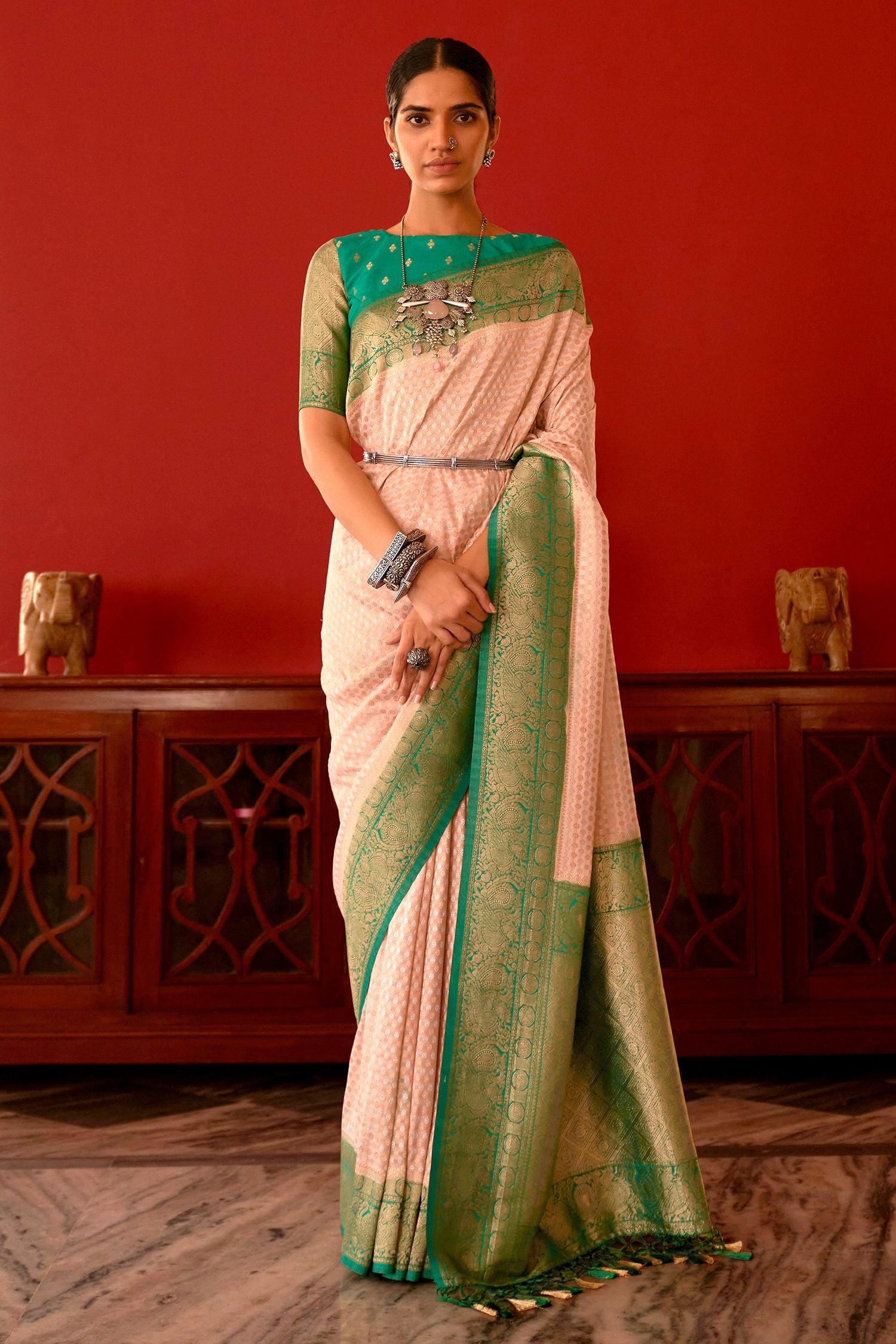 Romantic Pink and Green Woven Banarasi Woven Silk Saree