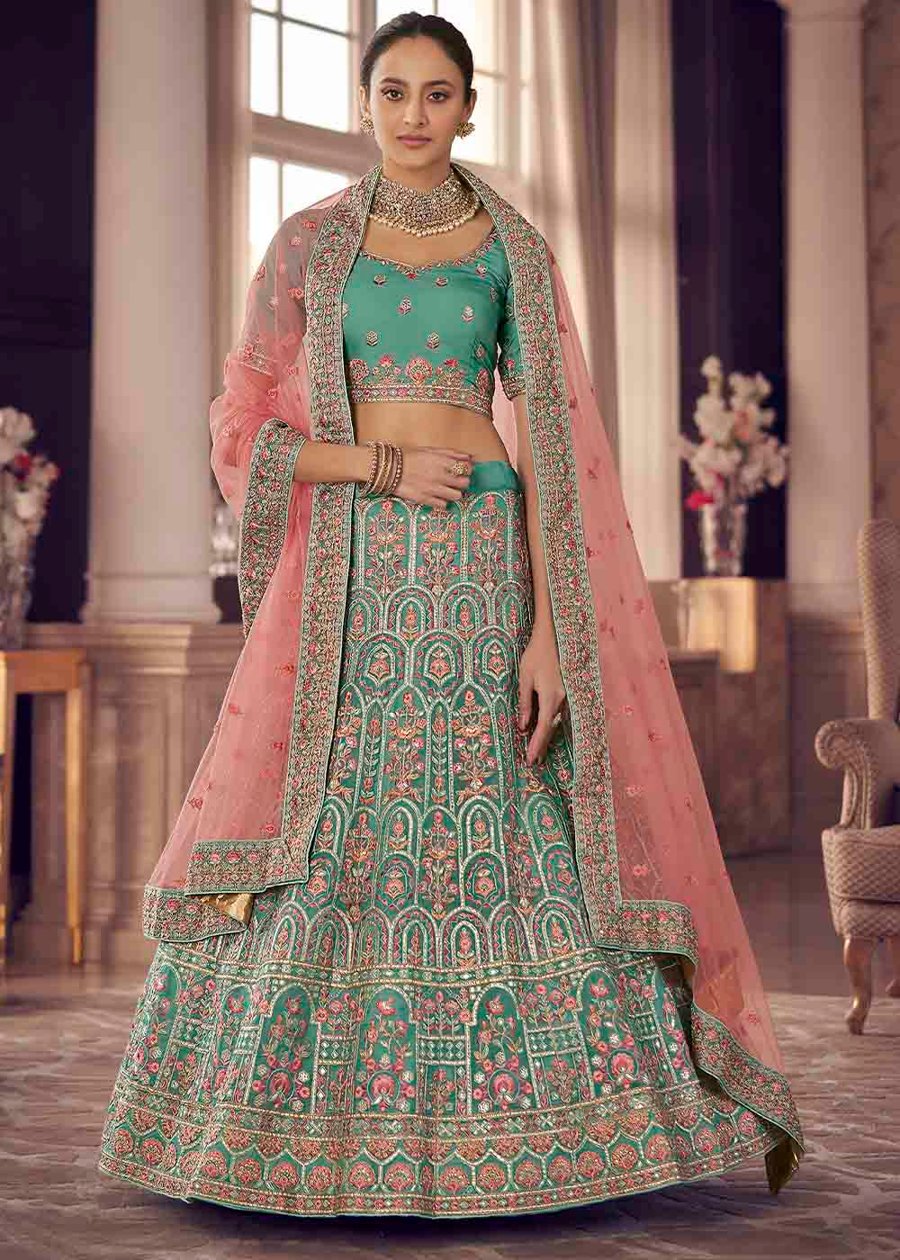 Green Pea Organza Lehenga Choli