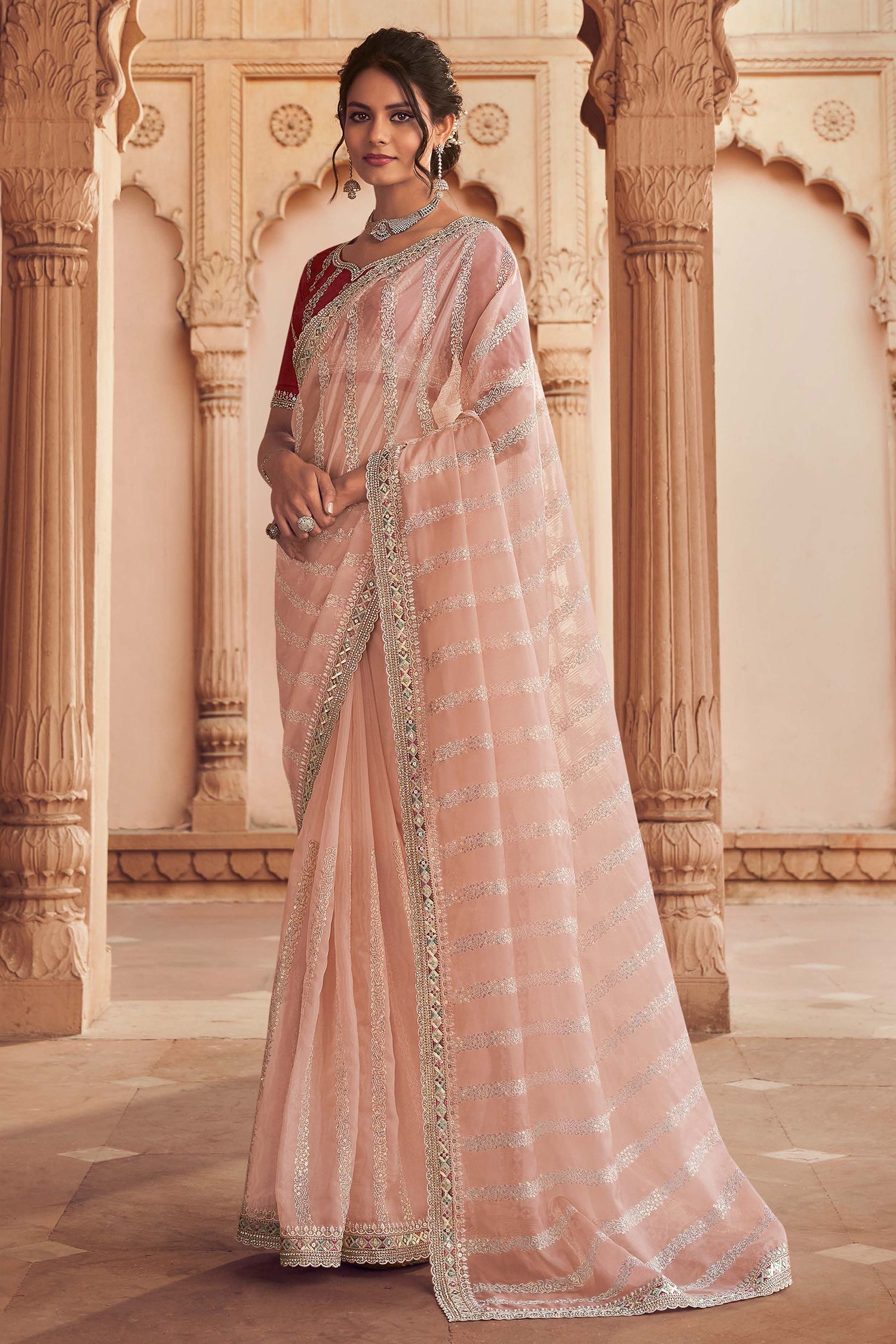 Old Rose Peach Organza Silk with Embroidered Designer Saree