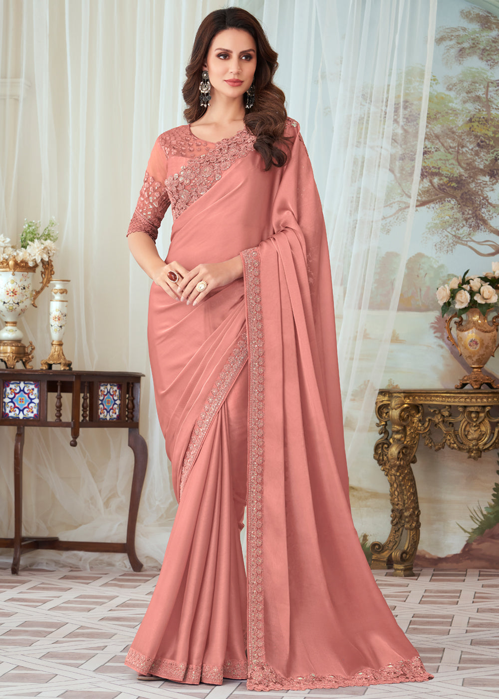 Plum Peach Woven Satin Silk Saree