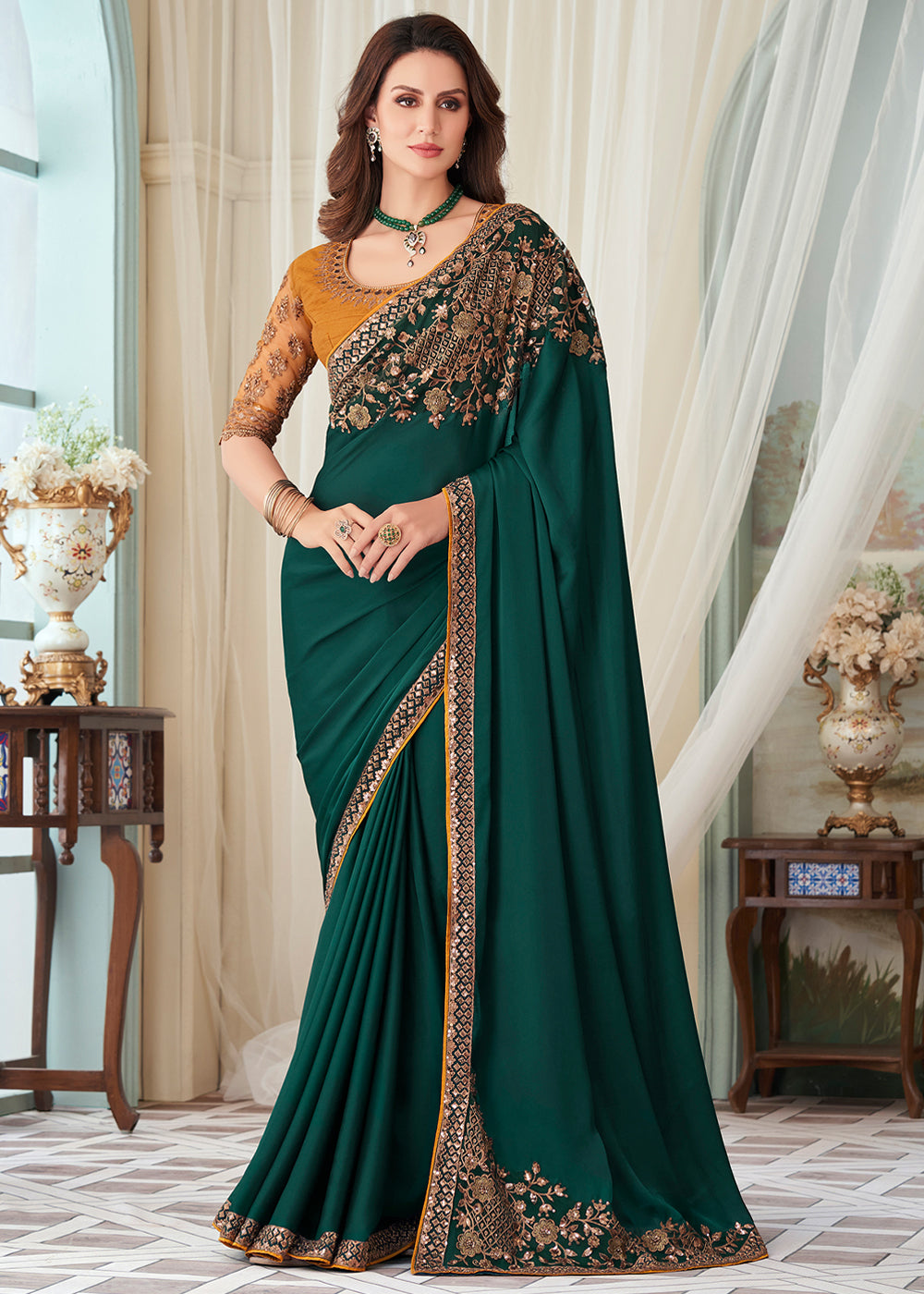 Plantation Green Designer Embroidered Satin Silk Saree