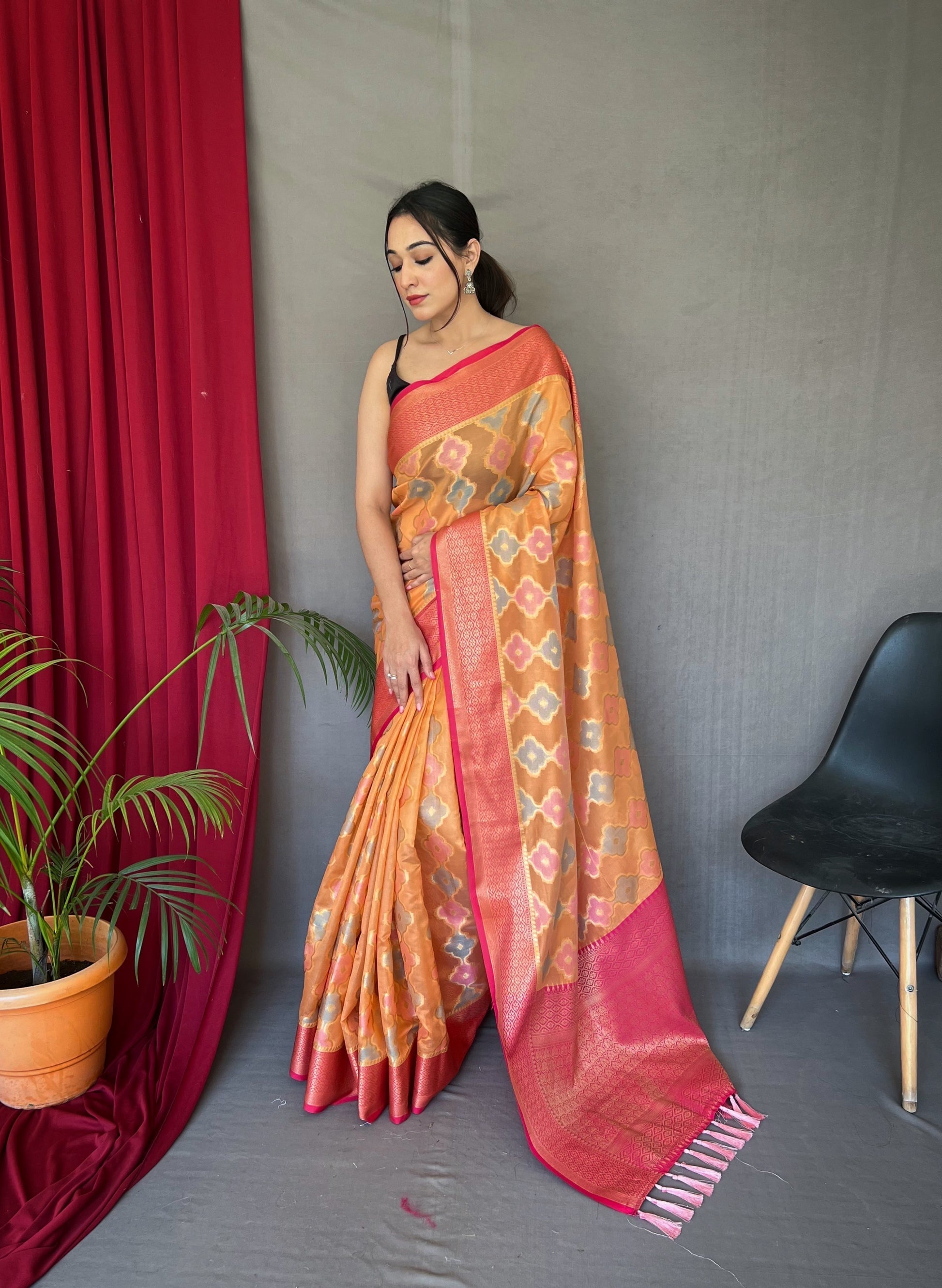 Macaroni Orange Woven Organza Silk Saree