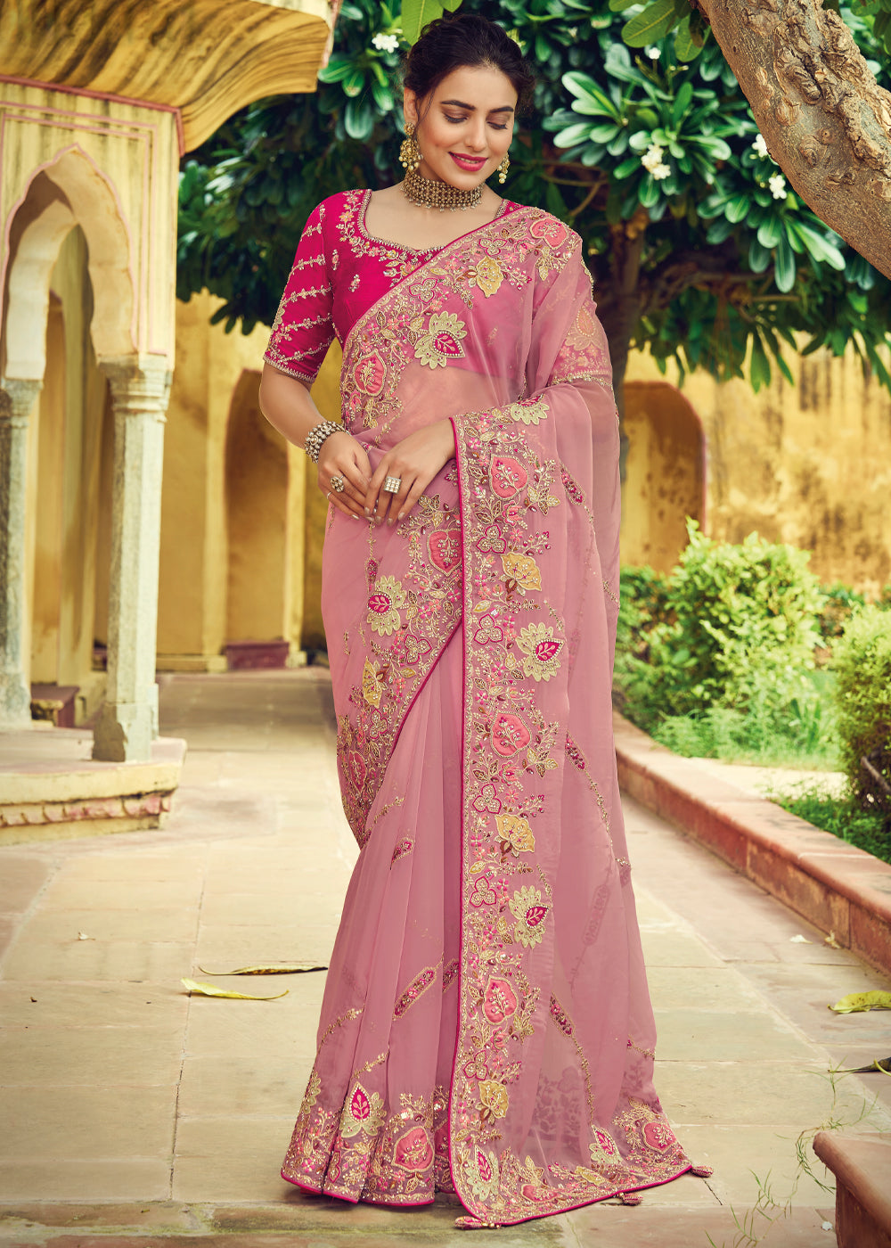 Tonys Pink Designer Embroidered Organza Silk Saree