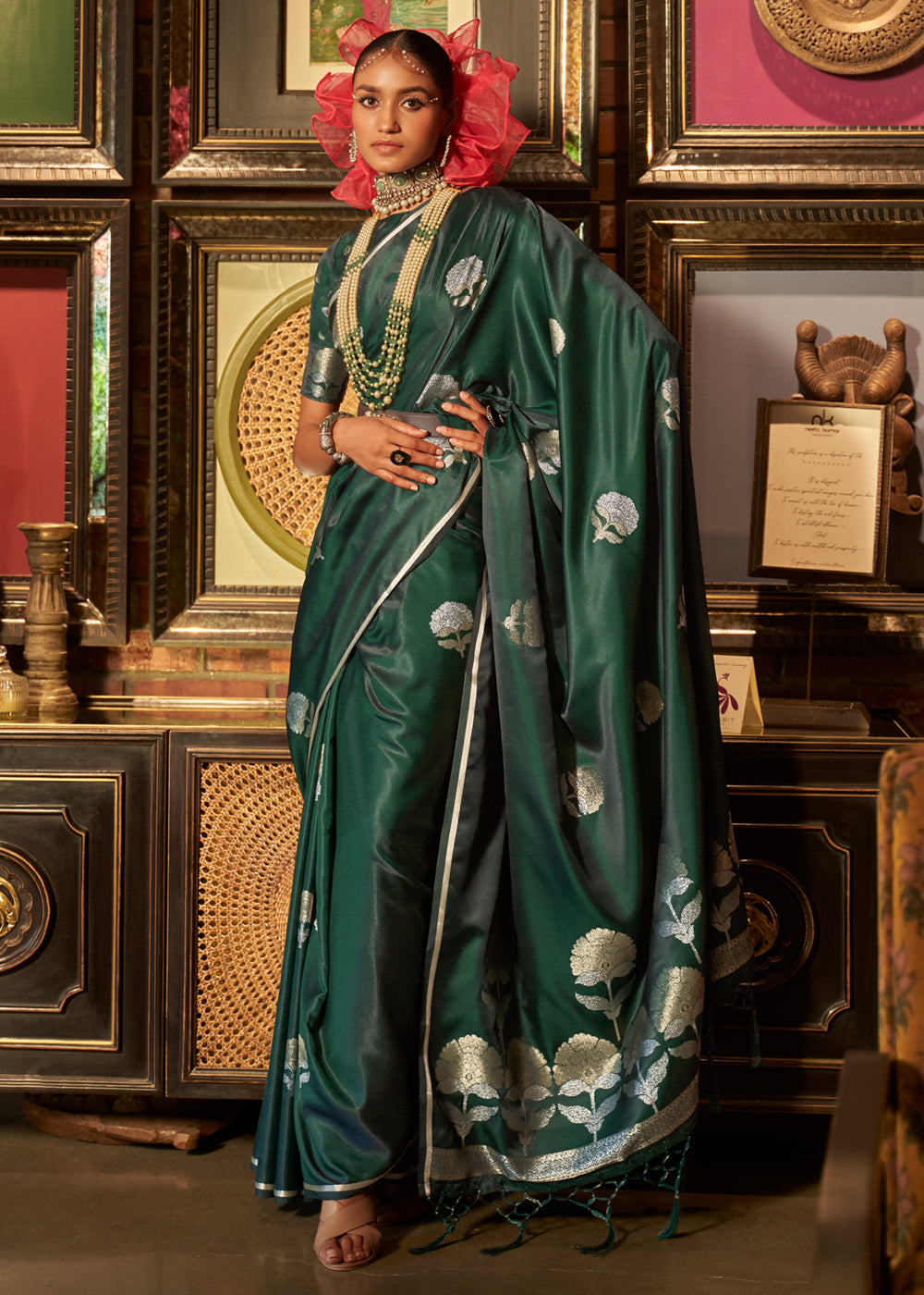 Mineral Dark Green Woven Banarasi Satin Silk Saree