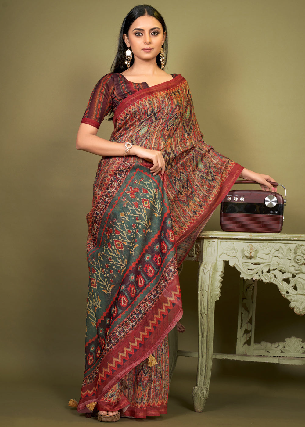 Chocolate Brown Cotton Patola Printed Silk Saree