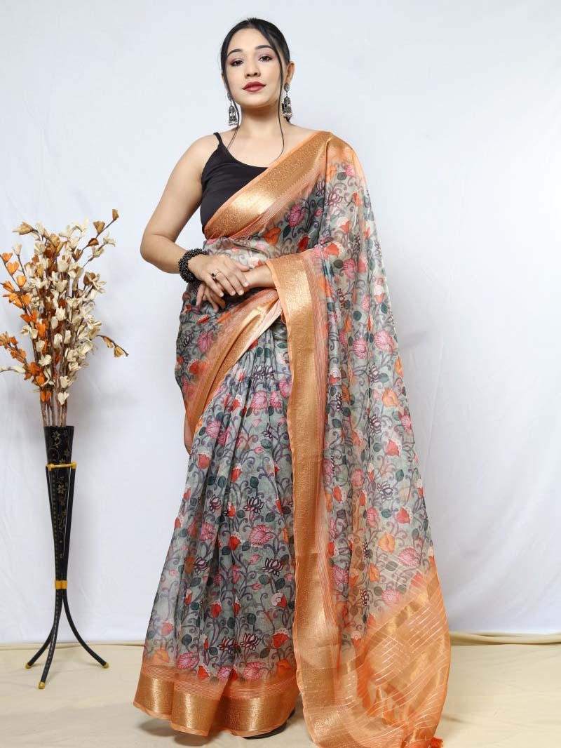 Light Grey Organza Kalamkari Printed with Sequins Jacquard Woven Saree