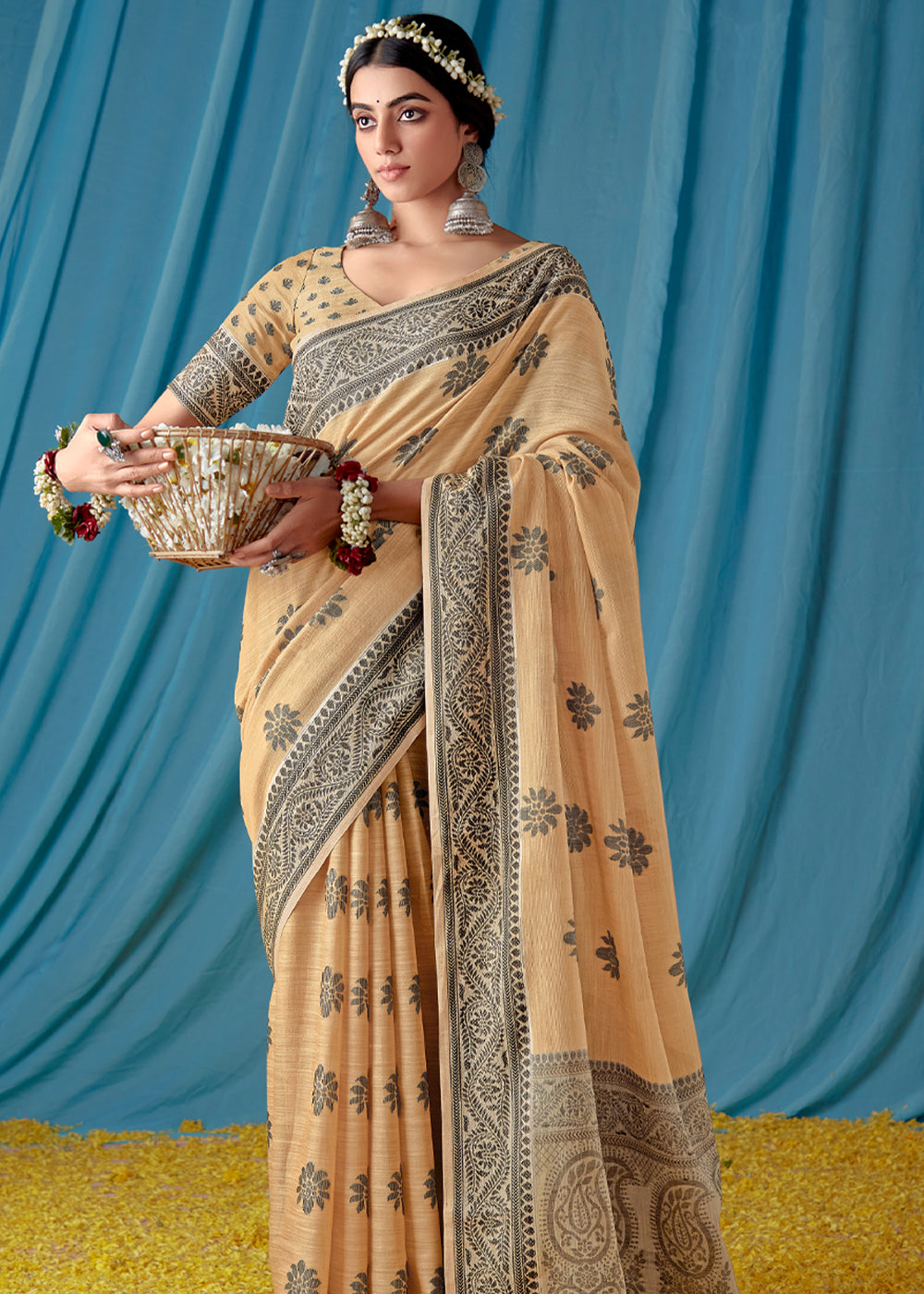 Almond Cream Woven Banarasi Linen Silk Saree