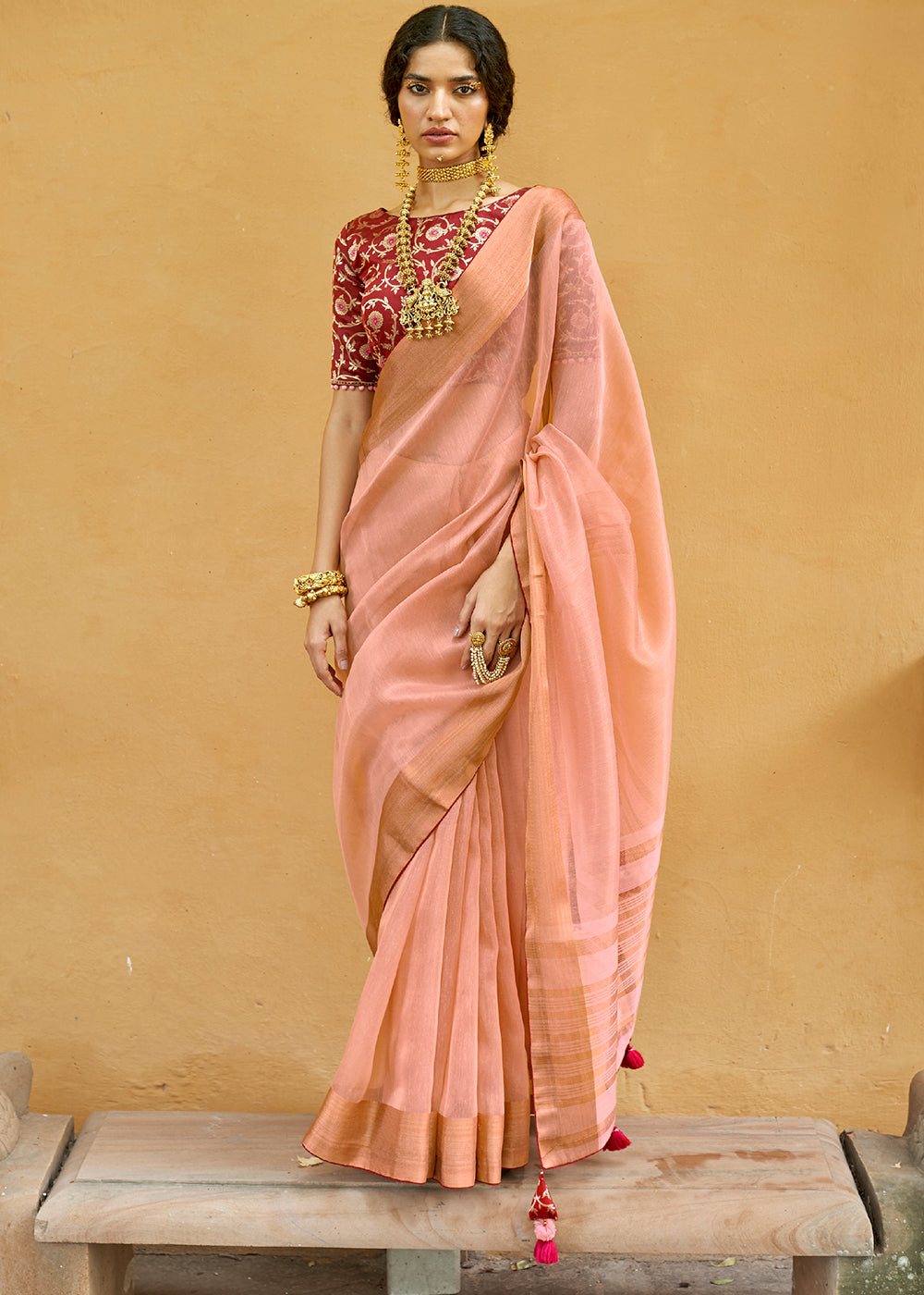 Tonys Pink Soft Tissue Organza Silk Saree