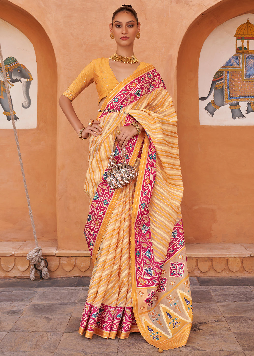 Meteor Yellow Patola Printed Tissue Silk Saree