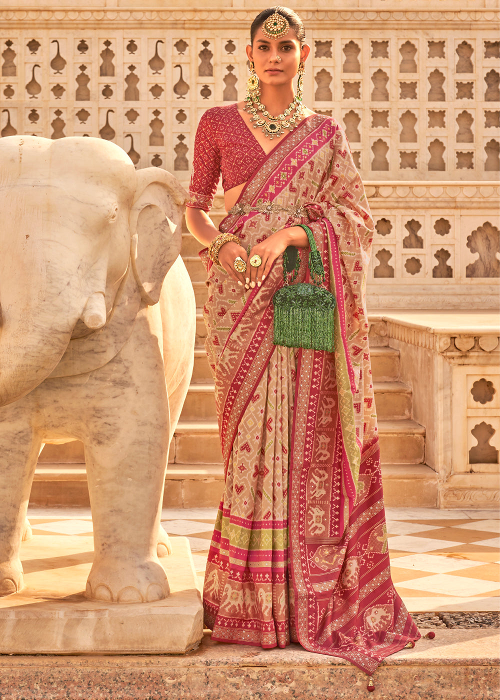 Fuzzy Maroon and Cream Woven Patola Silk Saree