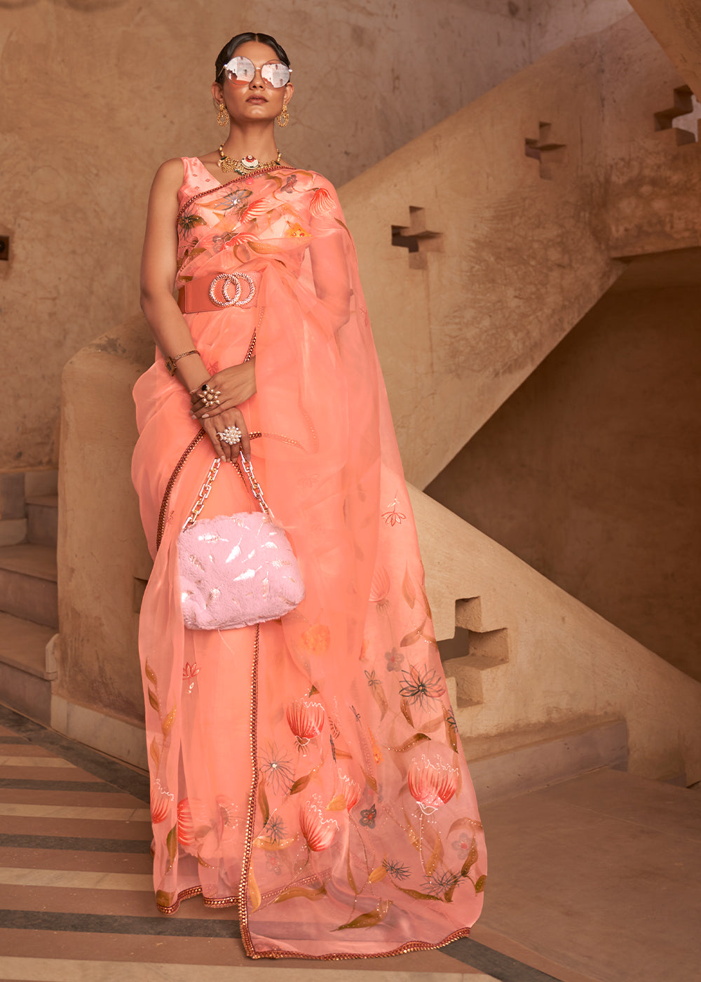 Sienna Pink Digital Print Organza Saree