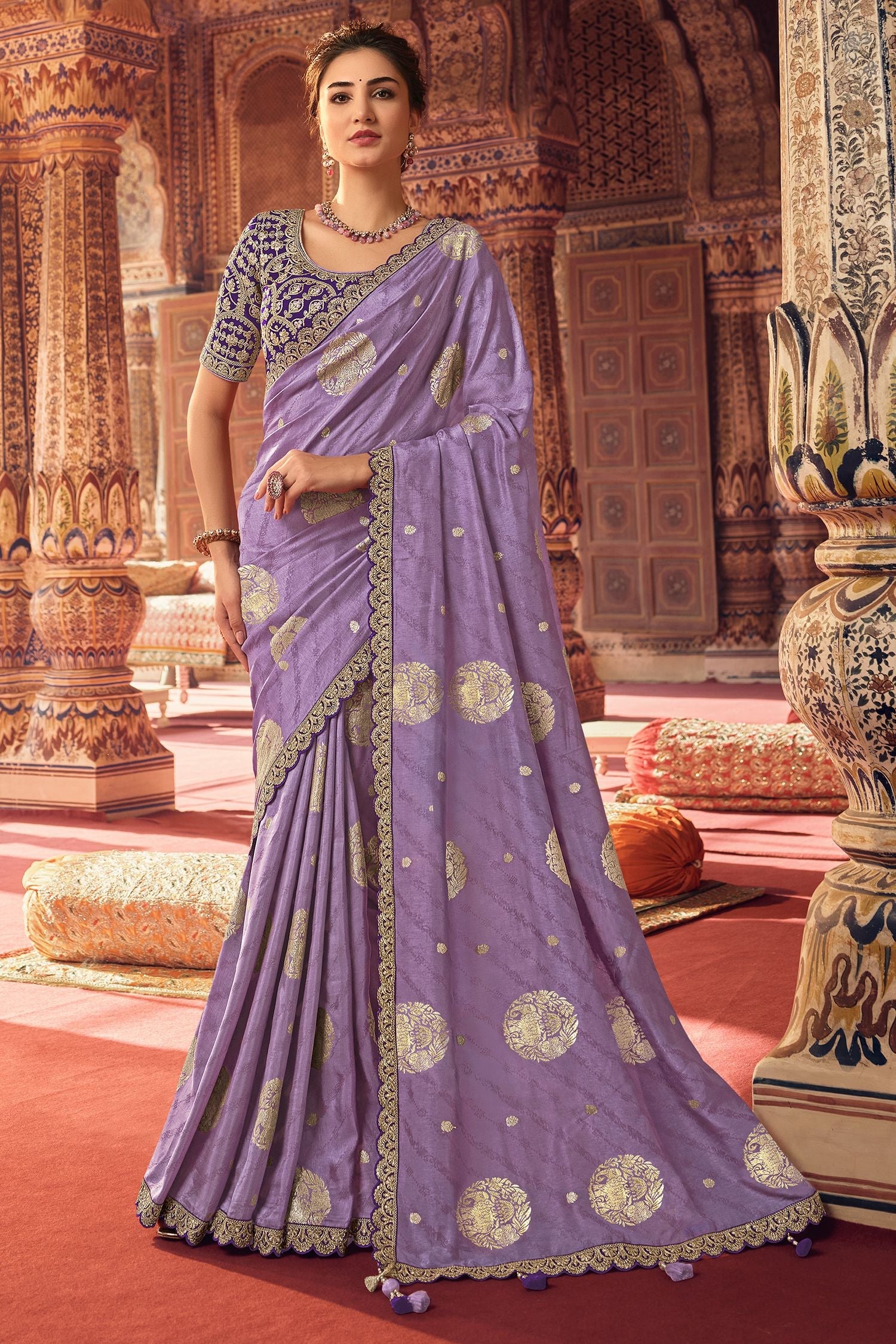 Mountbatten Purple Organza Woven Silk Saree with Peacock Motifs