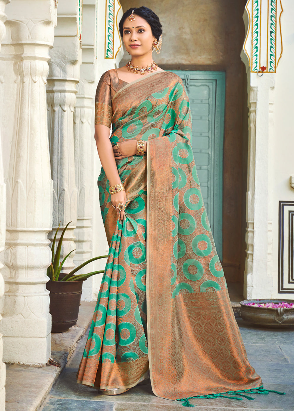 Mountain Meadow Green Woven Banarasi Organza Silk Saree