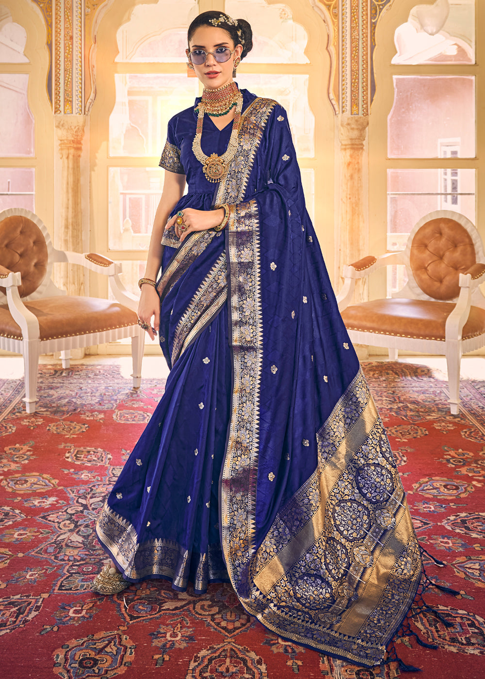 Cloud Burst Blue Woven Banarasi Satin Silk Saree