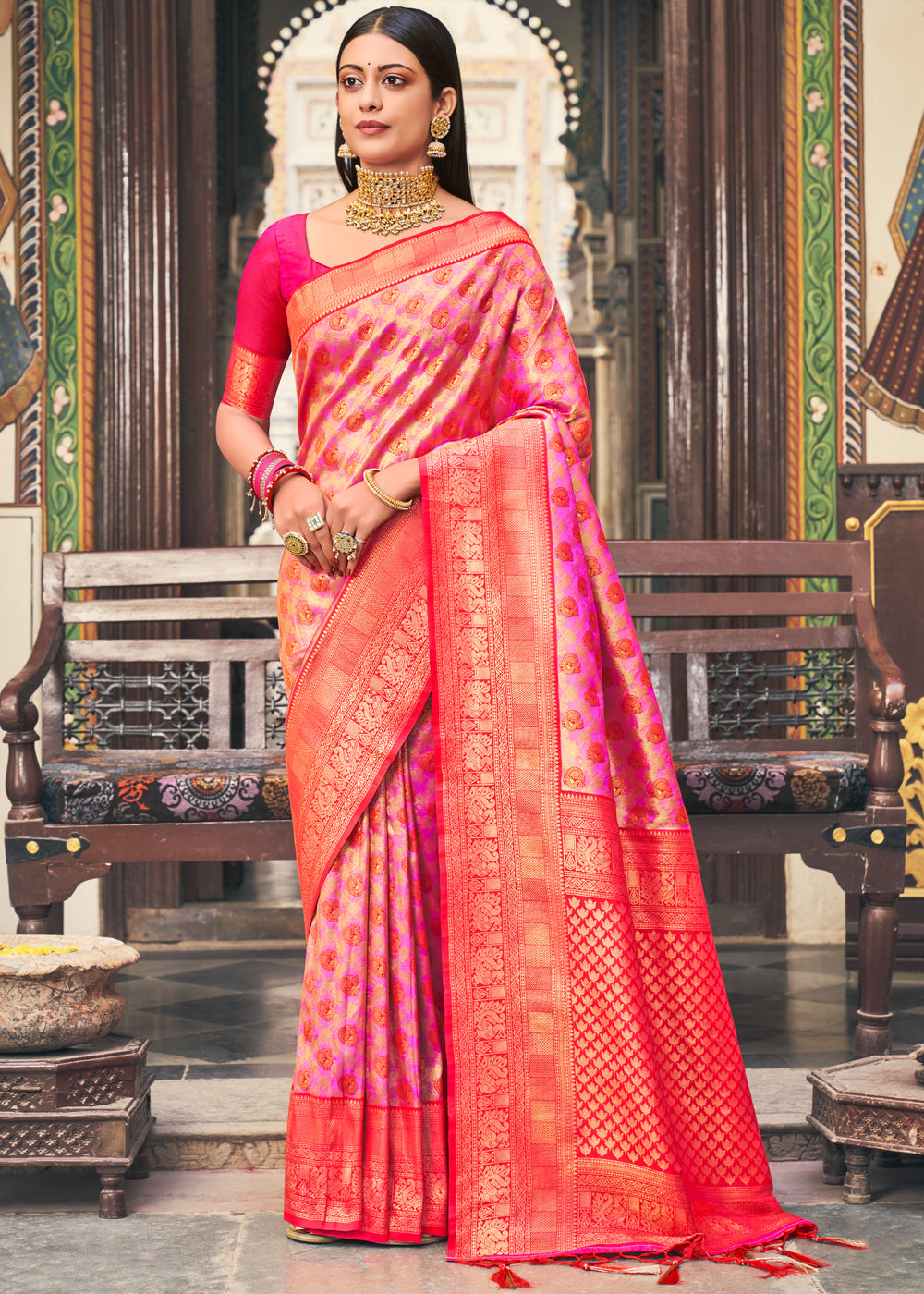 Cotton Candy Pink Woven Kanjivaram Silk Saree