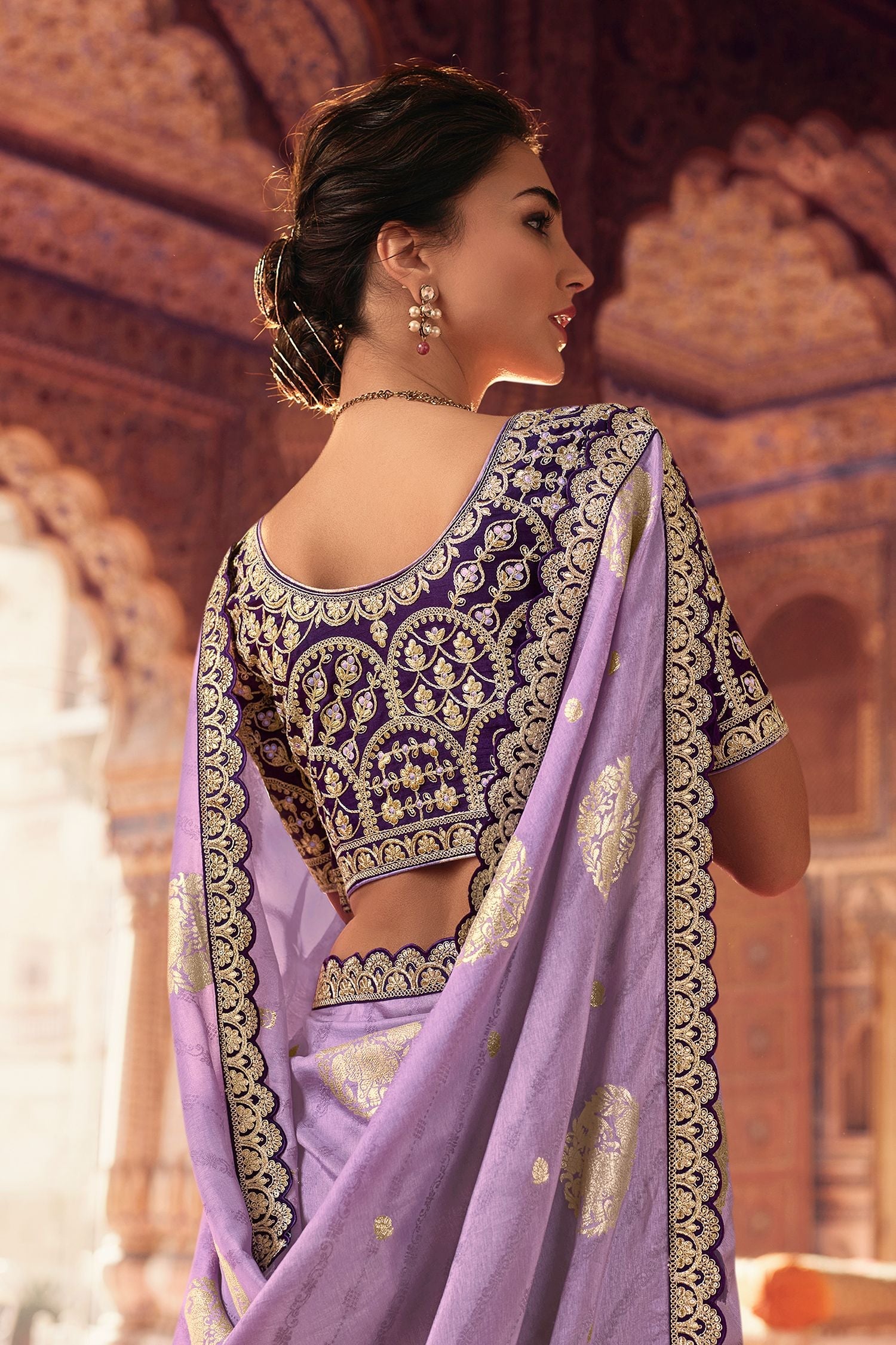 Mountbatten Purple Organza Woven Silk Saree with Peacock Motifs