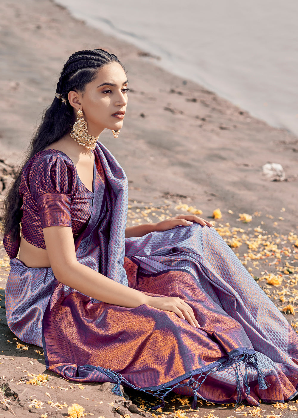 Amethyst Smoke Purple Woven Banarasi Soft Silk Saree