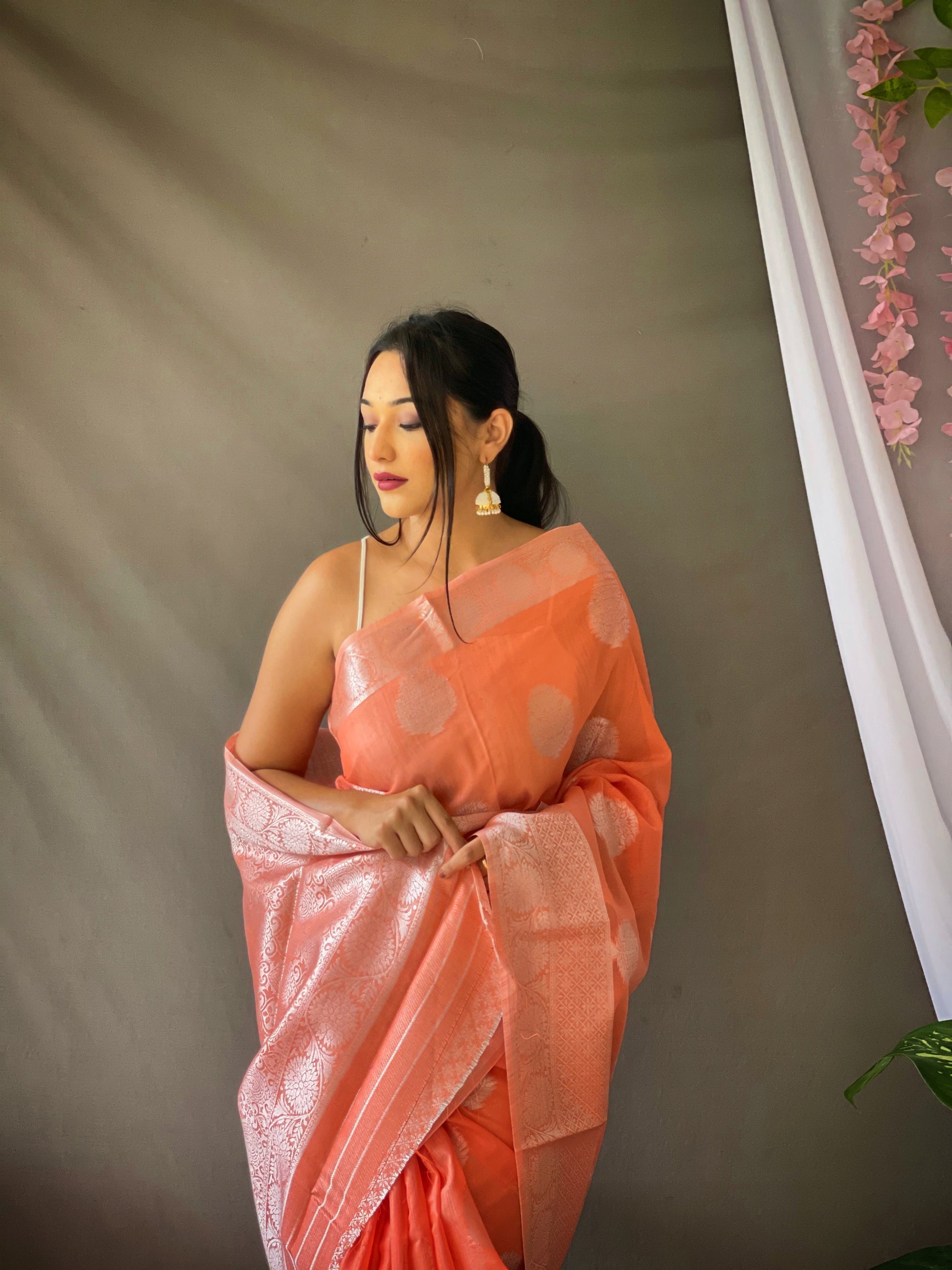 Tacao Peach Linen Silver Zari Woven Saree