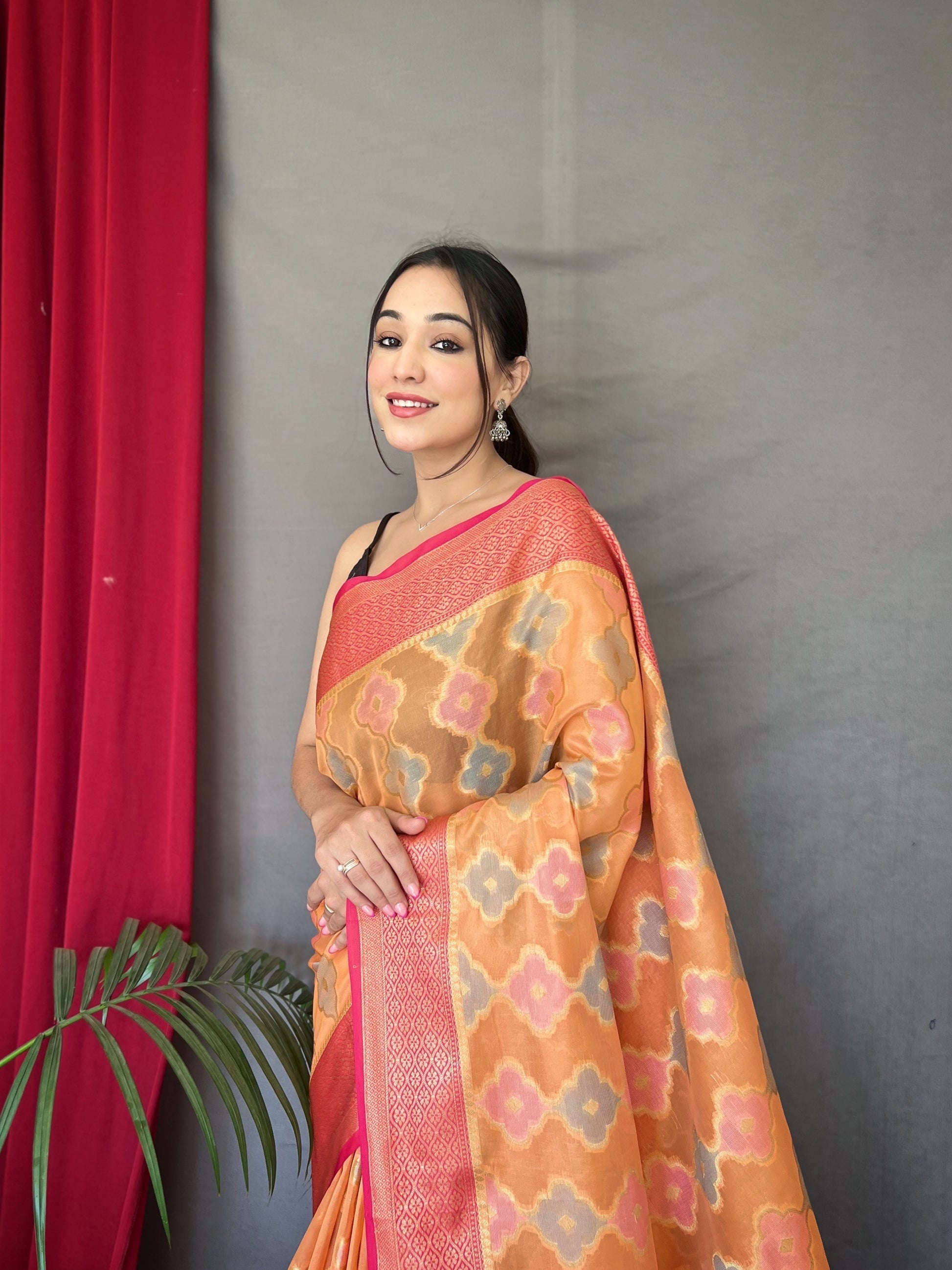 Macaroni Orange Woven Organza Silk Saree