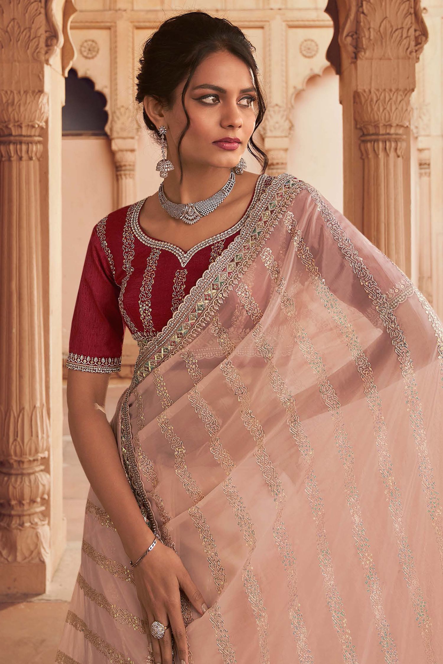 Old Rose Peach Organza Silk with Embroidered Designer Saree