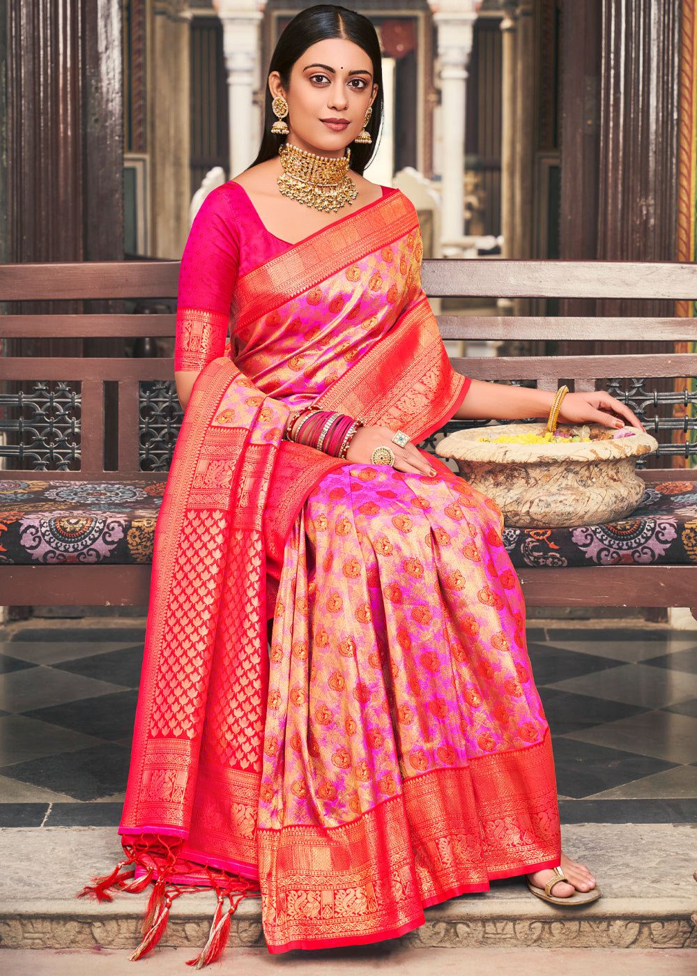 Cotton Candy Pink Woven Kanjivaram Silk Saree