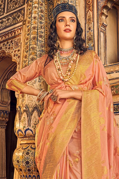 Melon Peach Woven Georgette Saree