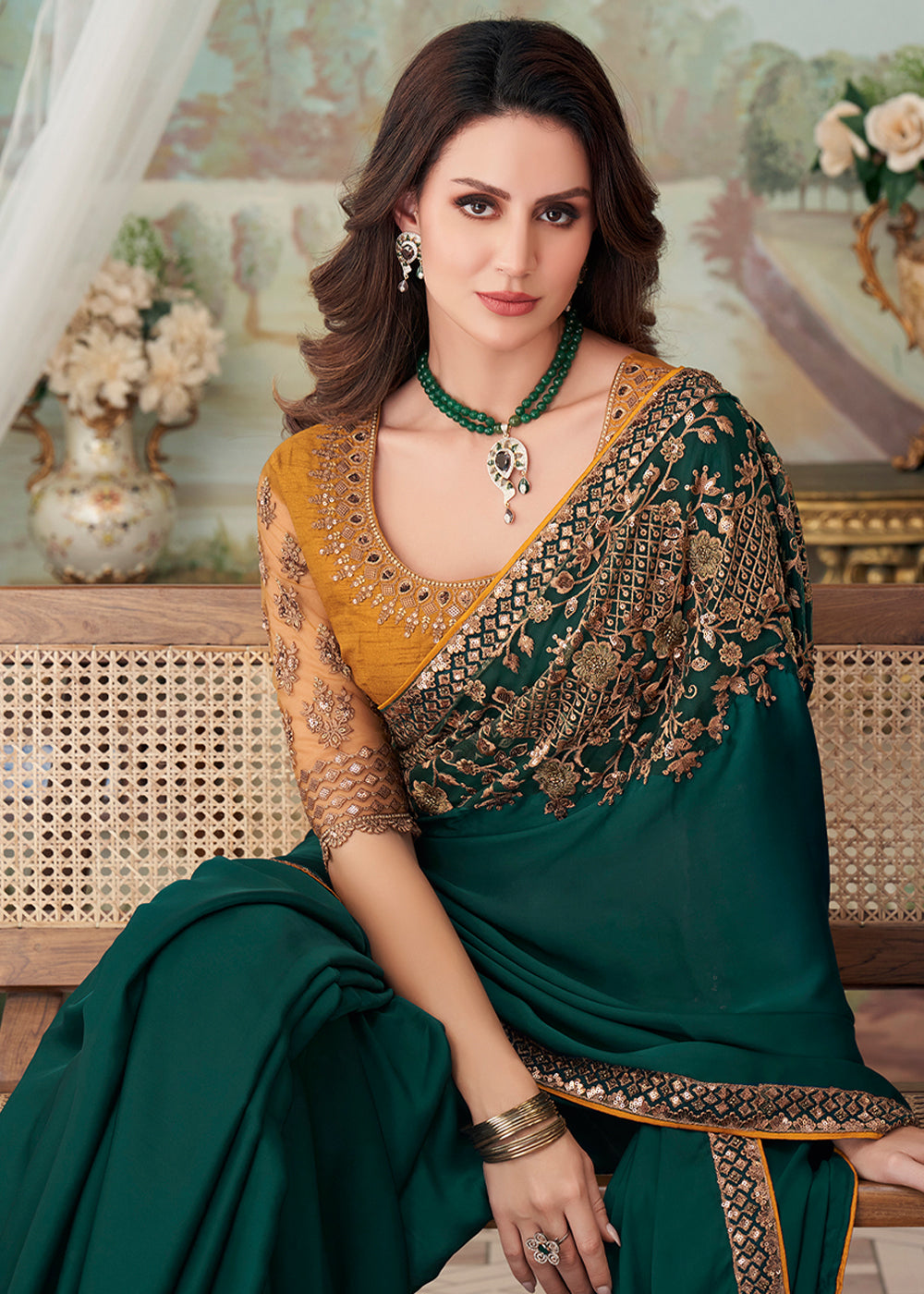 Plantation Green Designer Embroidered Satin Silk Saree