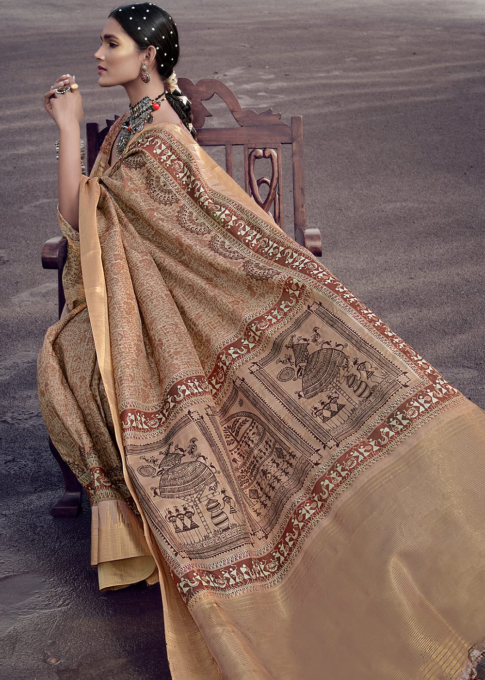 Leather Brown Printed Designer Silk Saree