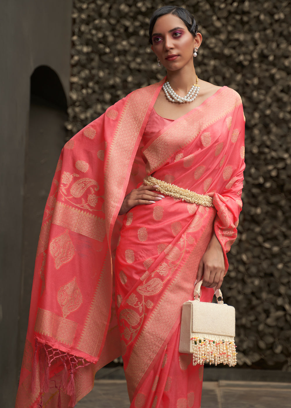 Apricot Peach Woven Banarasi Chiffon Saree