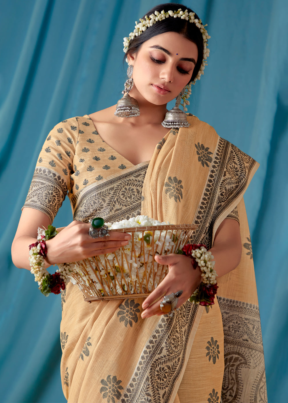 Almond Cream Woven Banarasi Linen Silk Saree