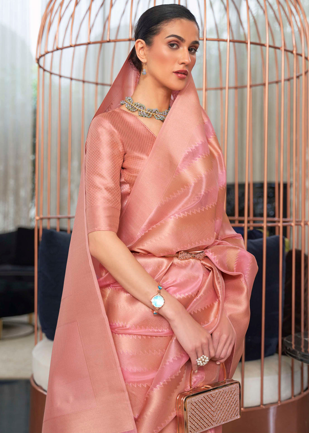 Geraldine Pink Woven Organza Banarasi Silk Saree