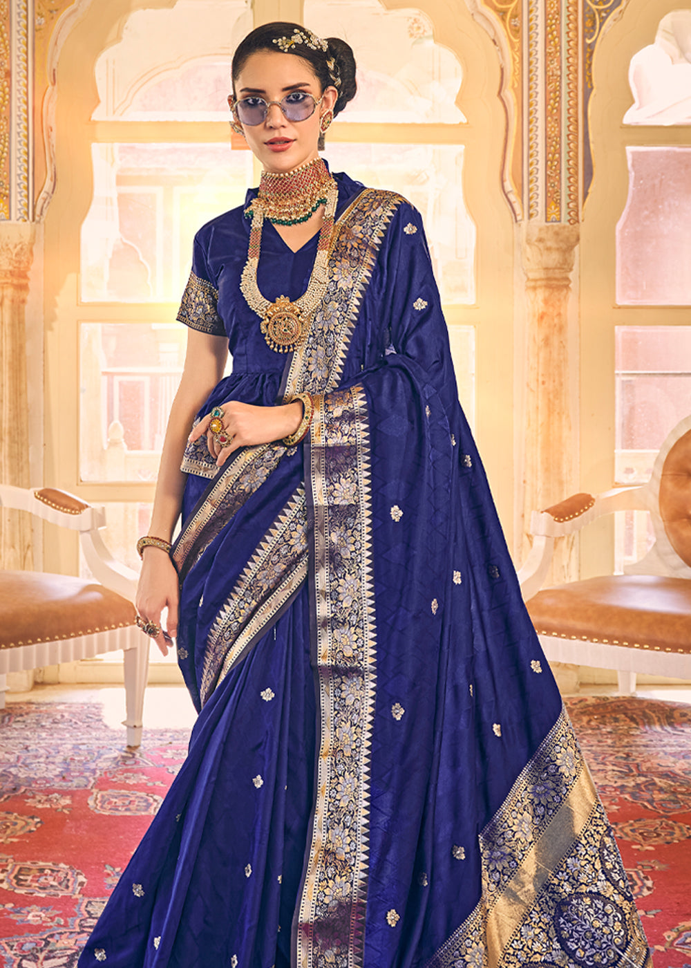 Cloud Burst Blue Woven Banarasi Satin Silk Saree