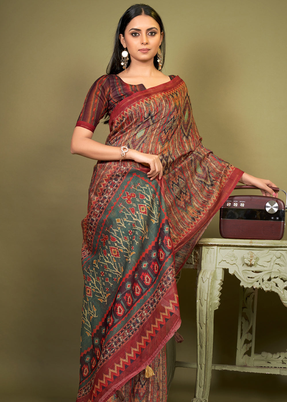 Chocolate Brown Cotton Patola Printed Silk Saree