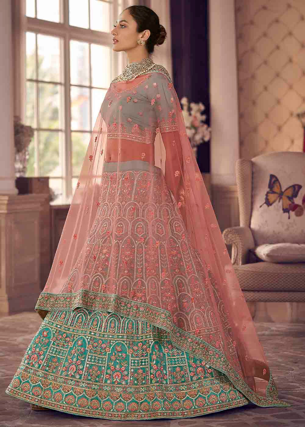 Green Pea Organza Lehenga Choli