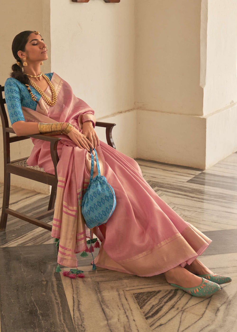 New York Pink and Blue Organza Silk Saree