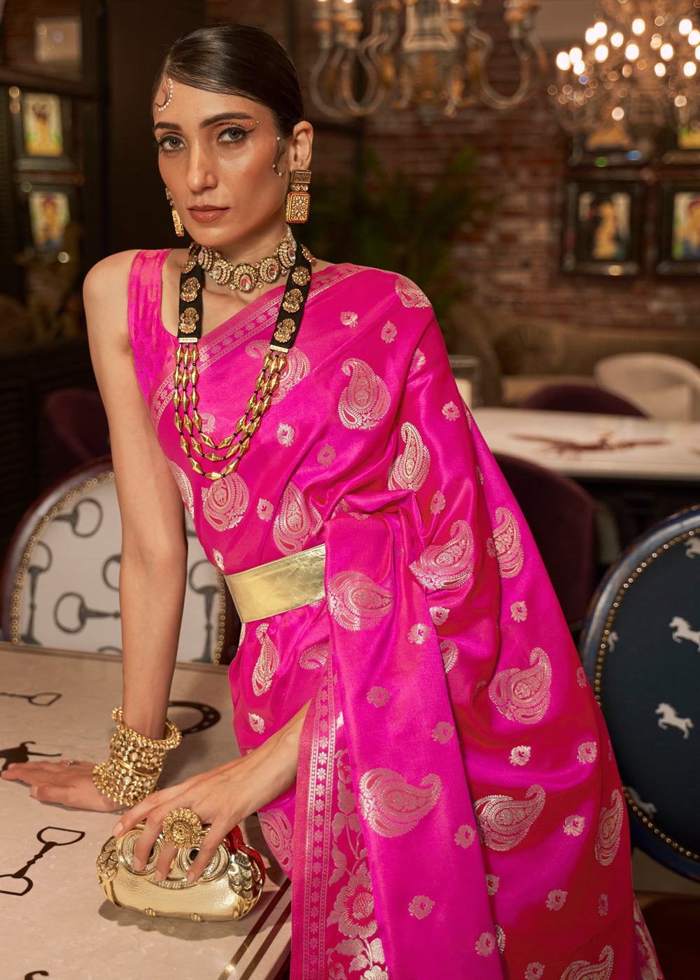 Winter Sky Pink Banarasi Woven Satin Silk Saree