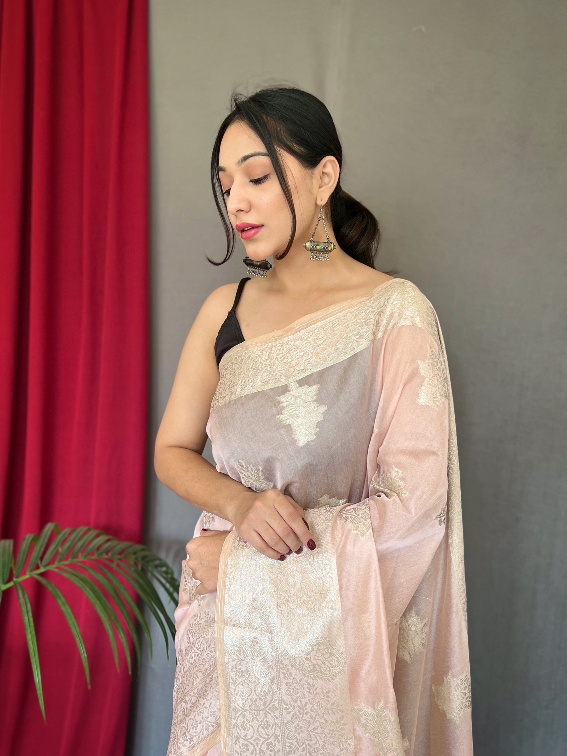 Akaroa Pink Gold Woven Cotton Saree