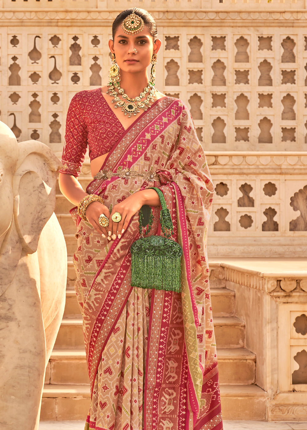 Fuzzy Maroon and Cream Woven Patola Silk Saree