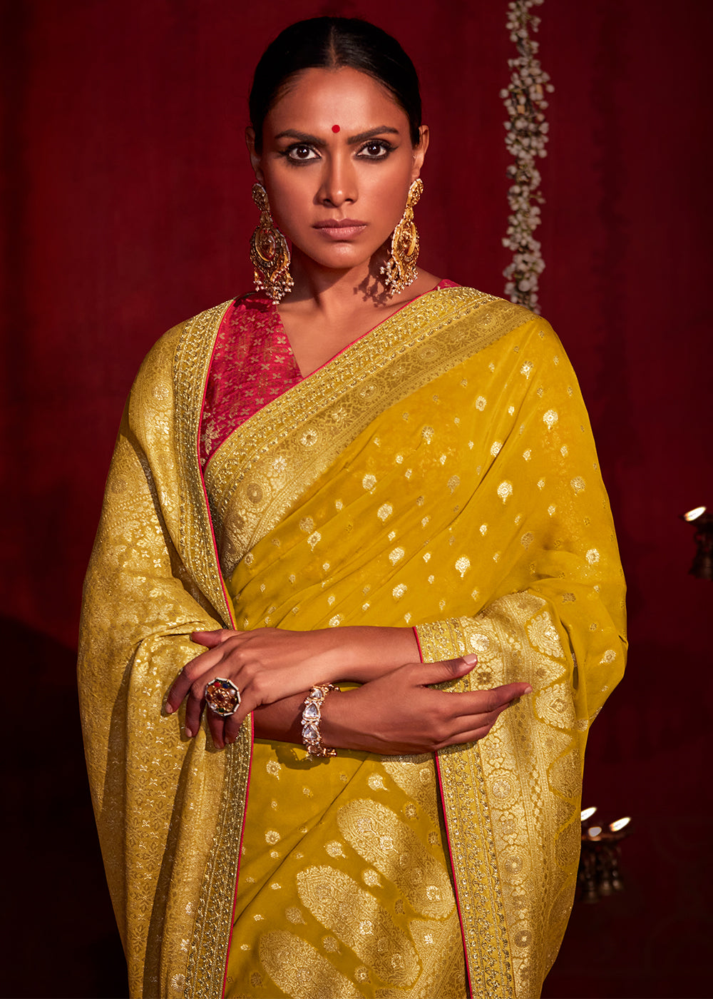 Buttercup Yellow Woven Banarasi Georgette Silk Saree