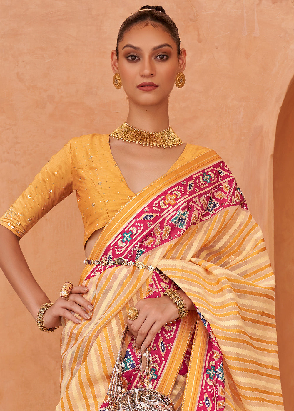 Meteor Yellow Patola Printed Tissue Silk Saree