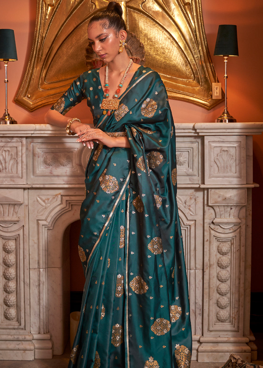 Peacock Blue Woven Satin Silk Saree