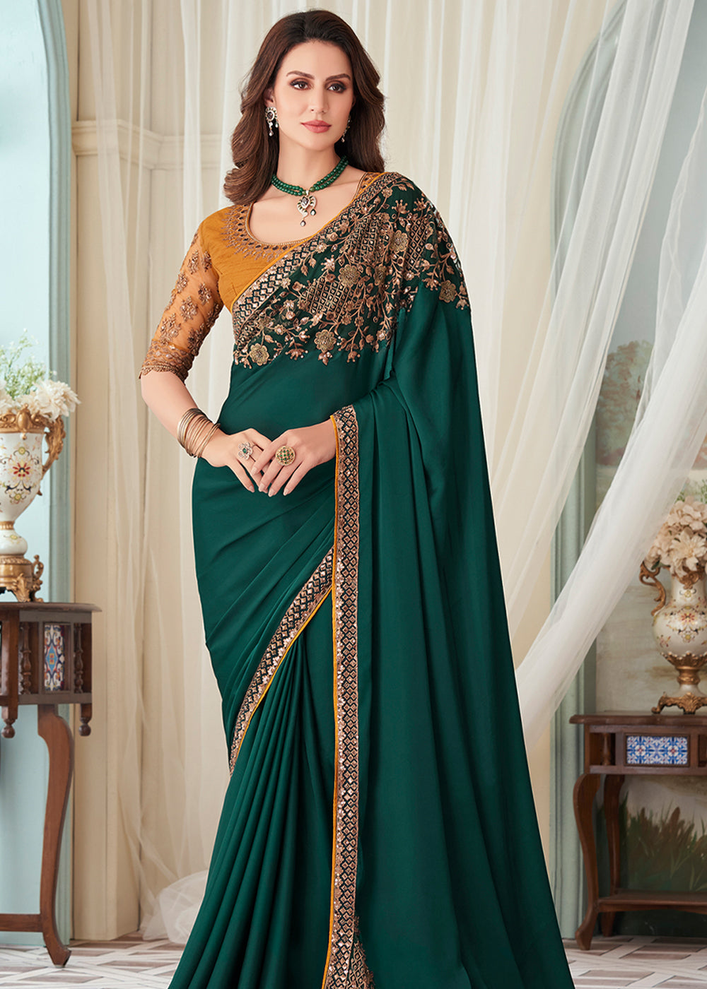 Plantation Green Designer Embroidered Satin Silk Saree