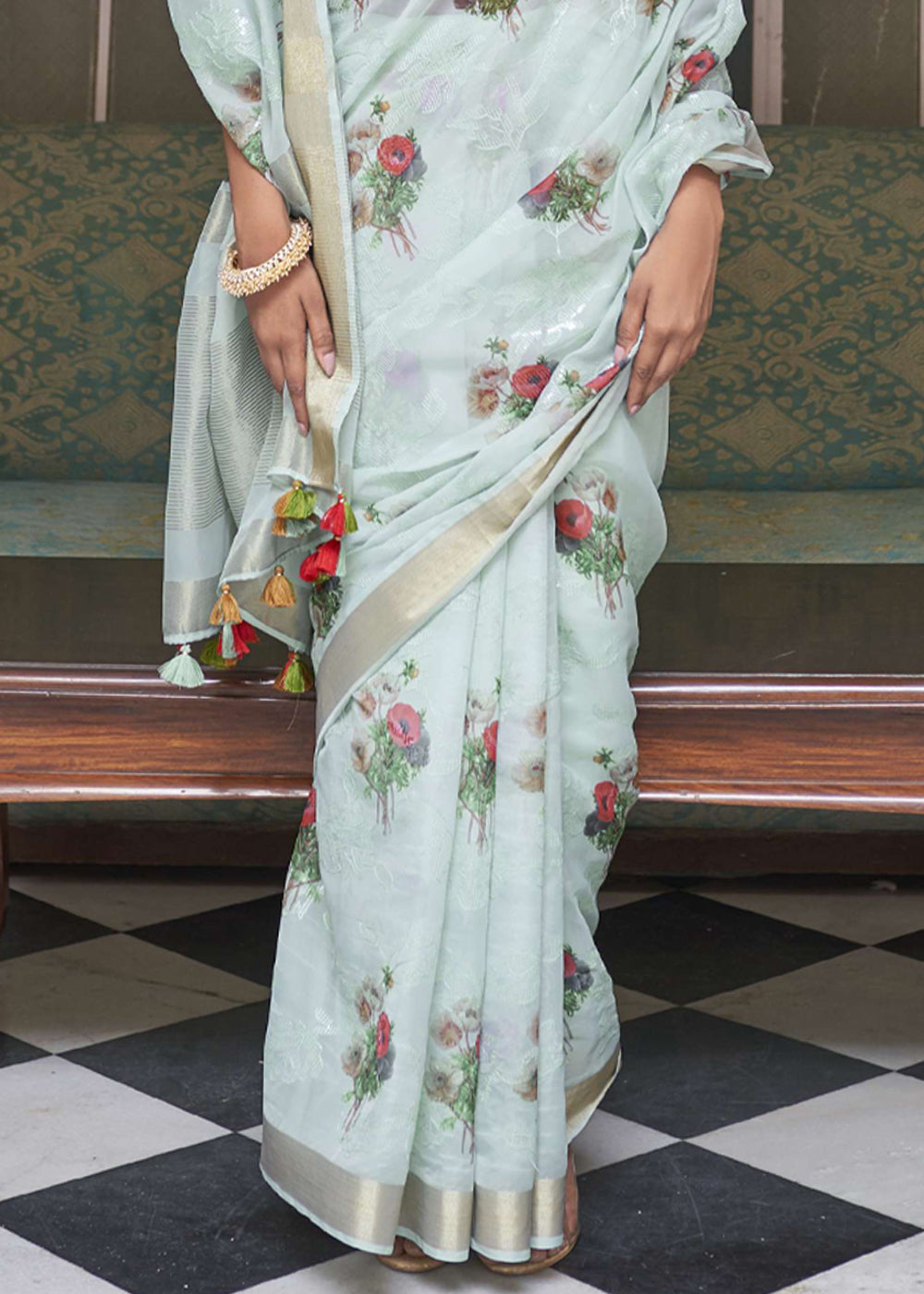 Powder Ash Blue Digital Print Organza Silk Saree