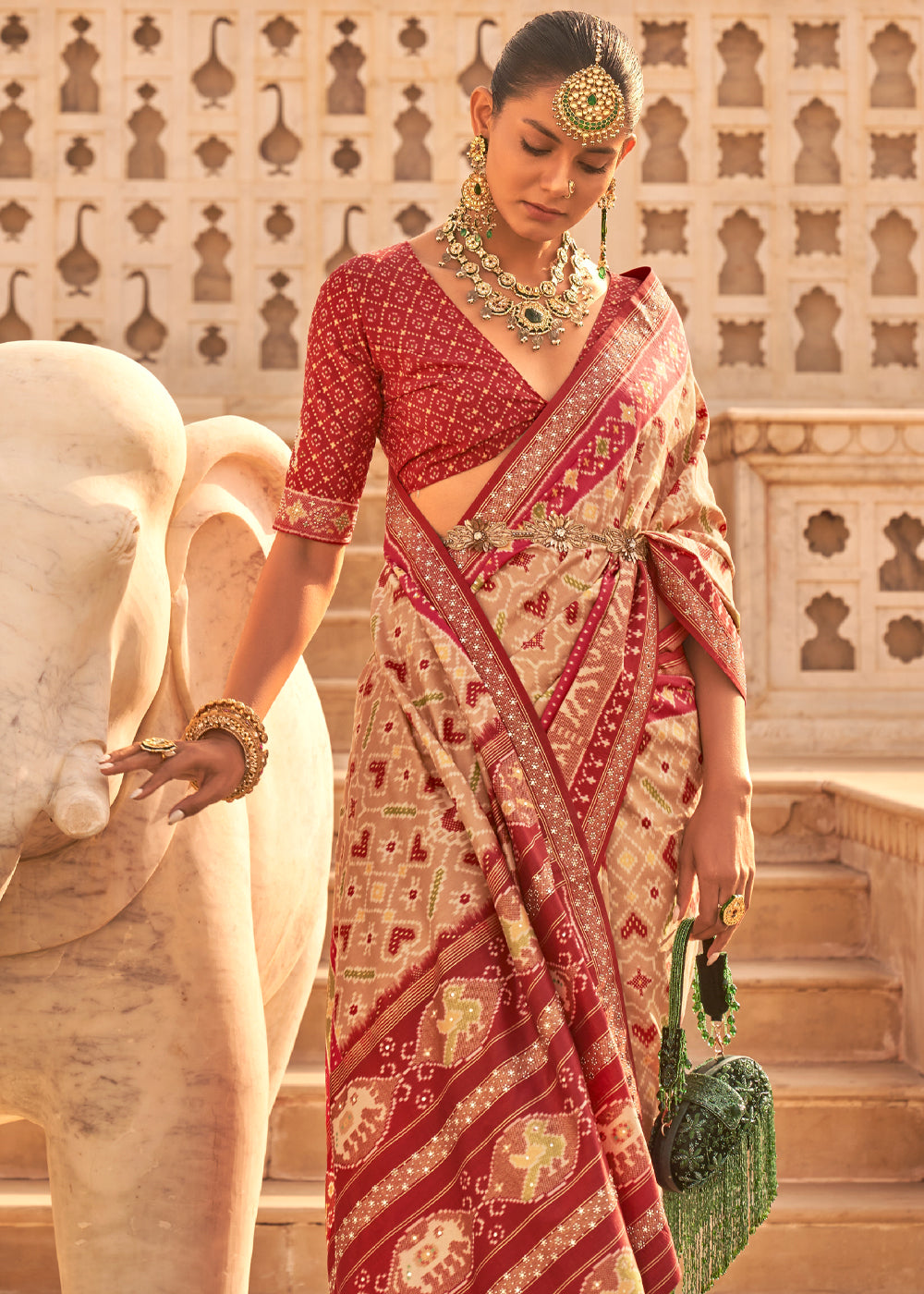 Fuzzy Maroon and Cream Woven Patola Silk Saree