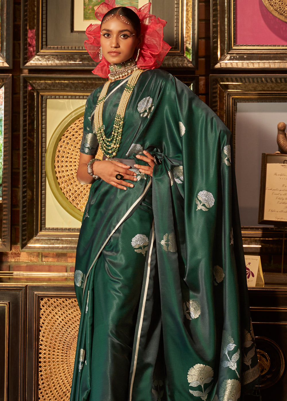 Mineral Dark Green Woven Banarasi Satin Silk Saree