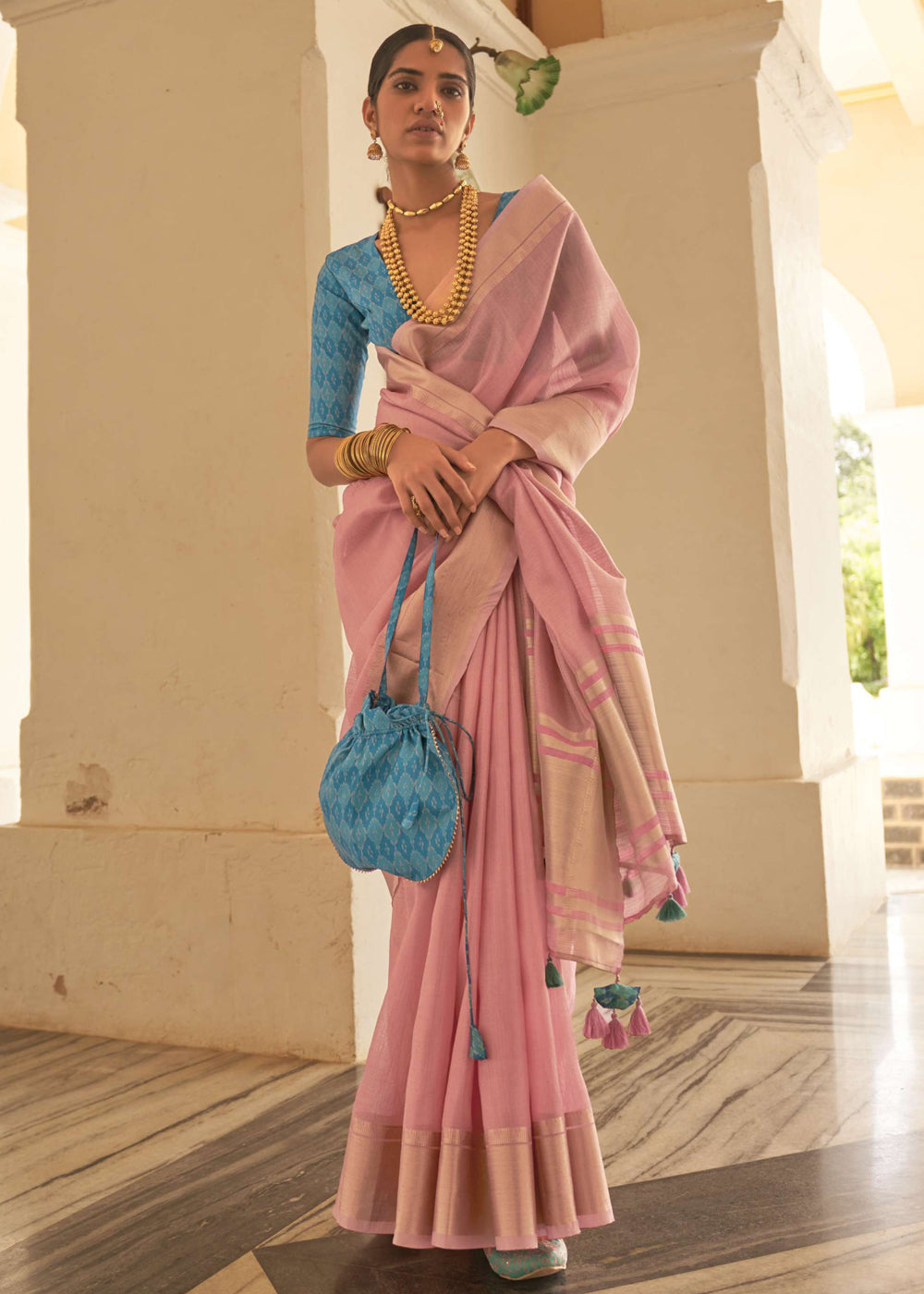 New York Pink and Blue Organza Silk Saree