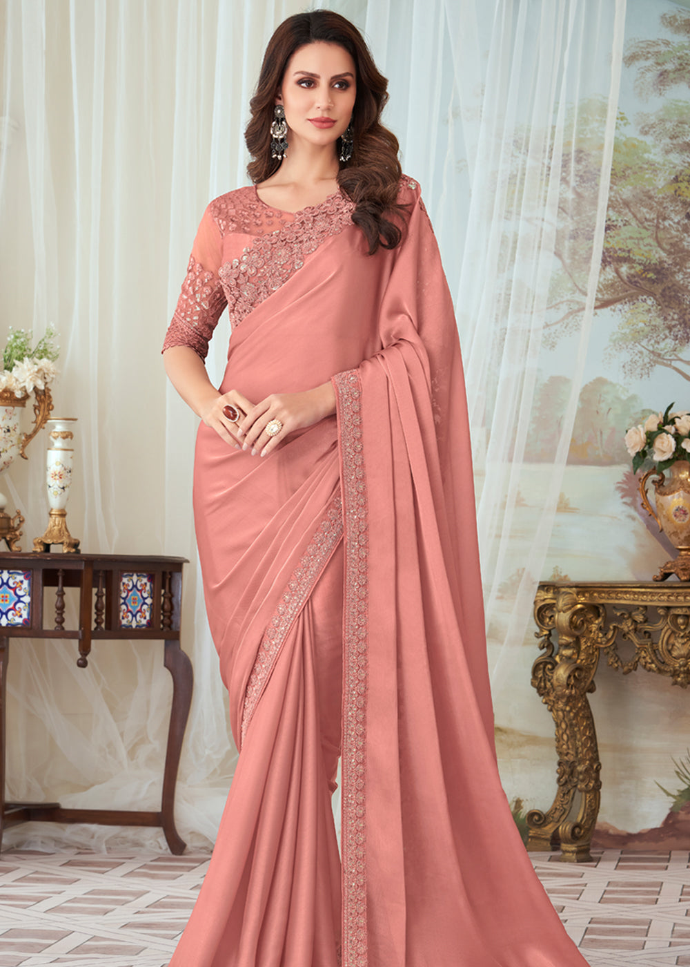 Plum Peach Woven Satin Silk Saree